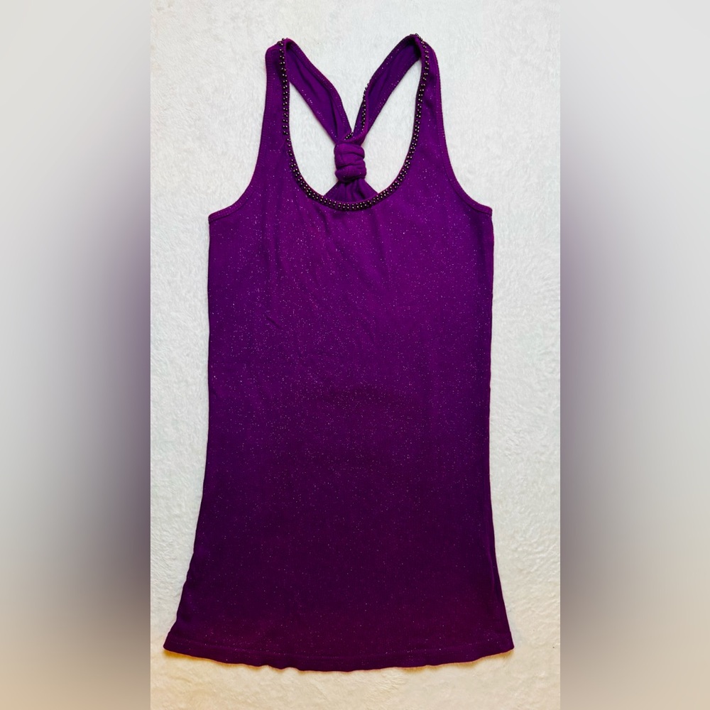 DKNY Extra Small Purple Sparkle Knot-Back Tank with stud outline at top